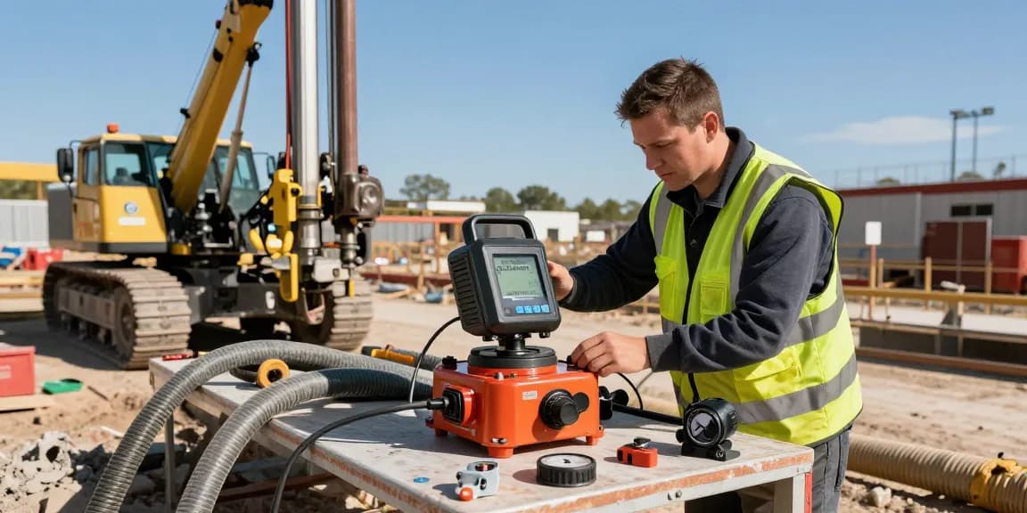 Technician operating a digitrak f5 transmitter at a directional drilling site, showcasing industry equipment and environment.