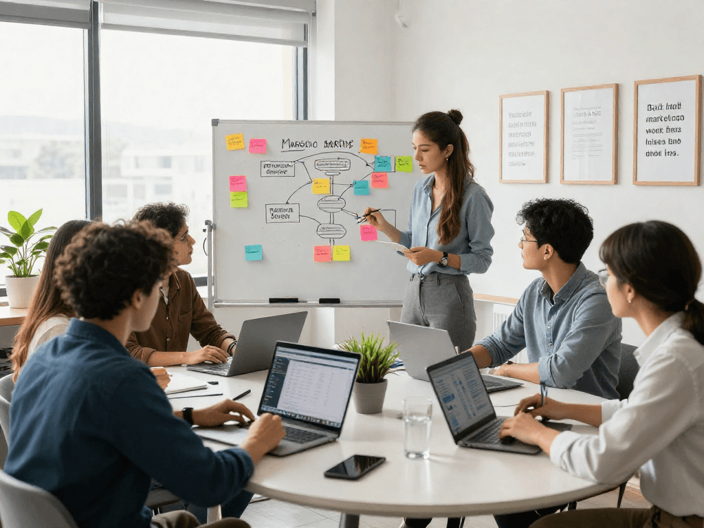 Digital marketing strategy meeting at https://88rk.org with diverse team analyzing metrics and brainstorming.