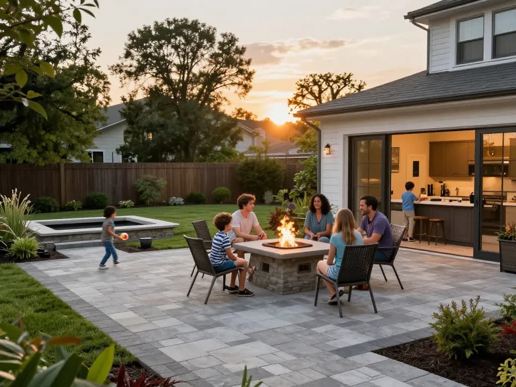 Paver installation near me with a family enjoying a cozy outdoor space, showcasing a fire pit and lush greenery.