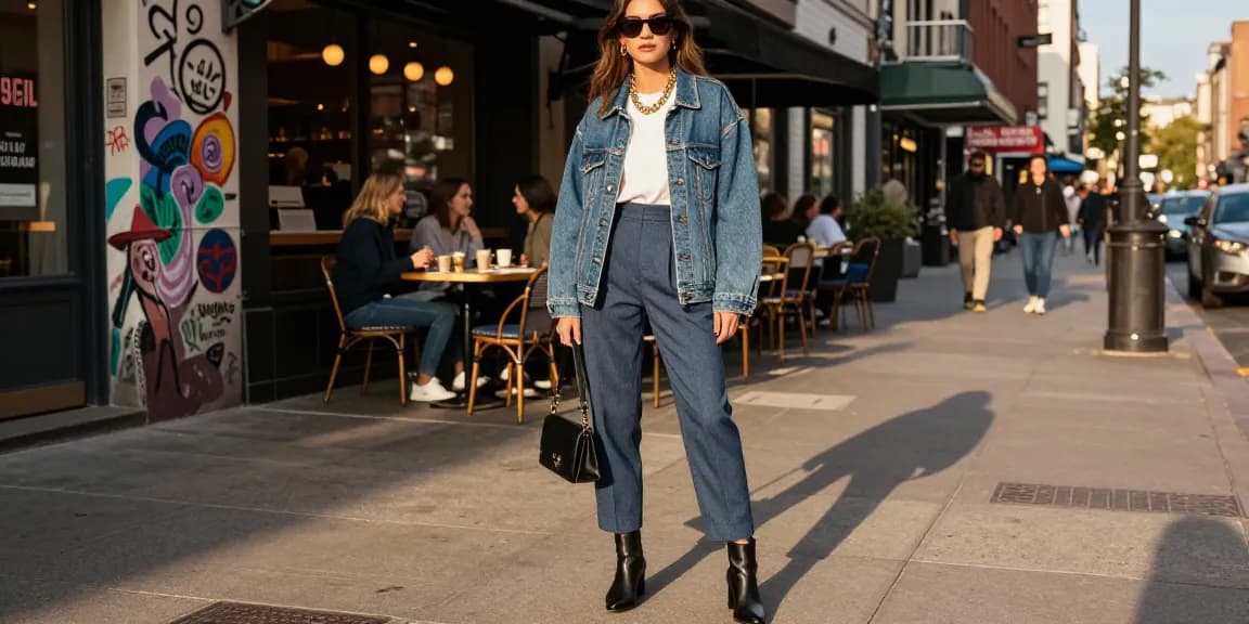 Fashion tips for a stylish urban look with layered outfits and accessories set against a vibrant city backdrop.