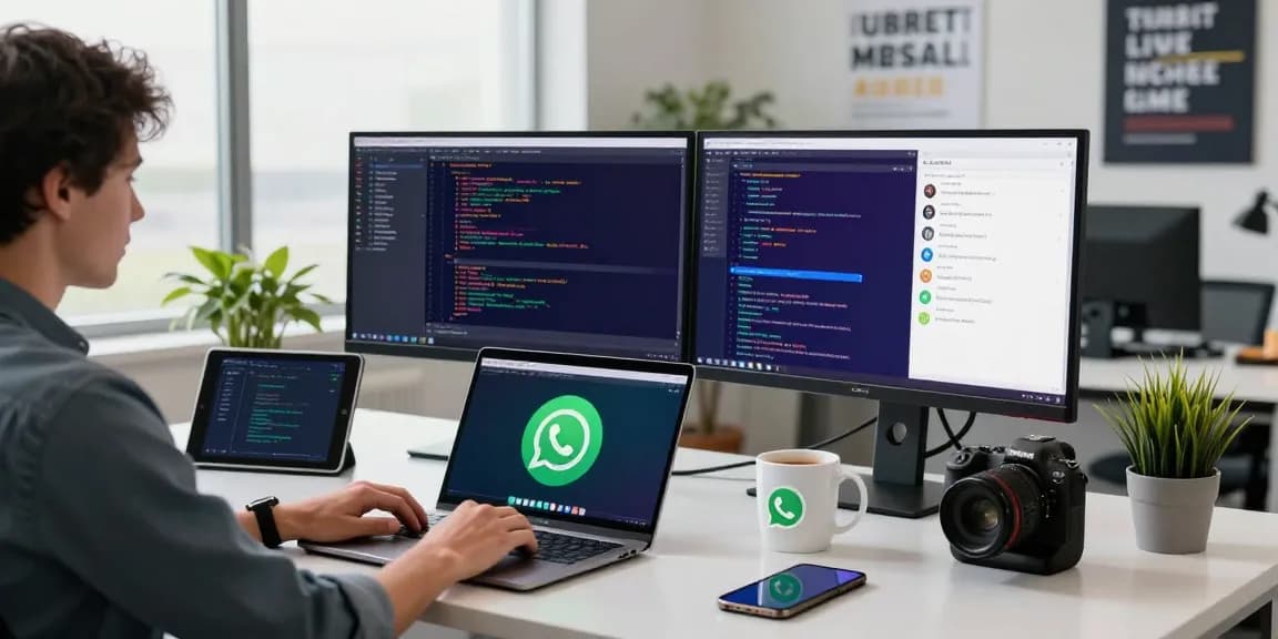 Engaged user utilizing WhatsApp電腦版 on a laptop in a modern workspace.