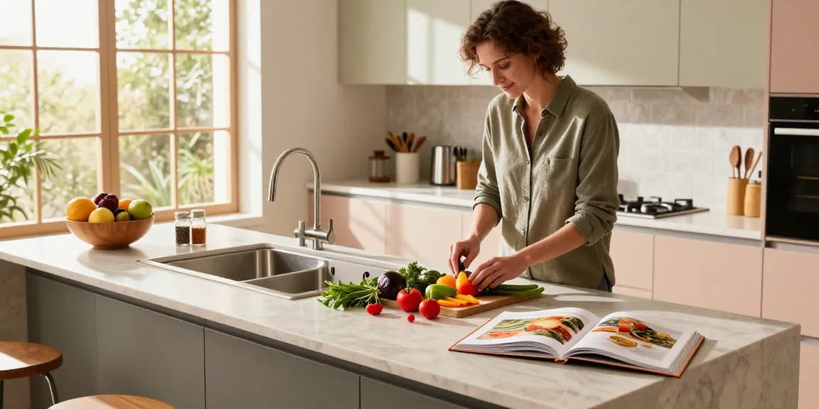 Spacious kitchen sink in stainless steel with fresh ingredients, showcasing modern kitchen design and culinary creativity.