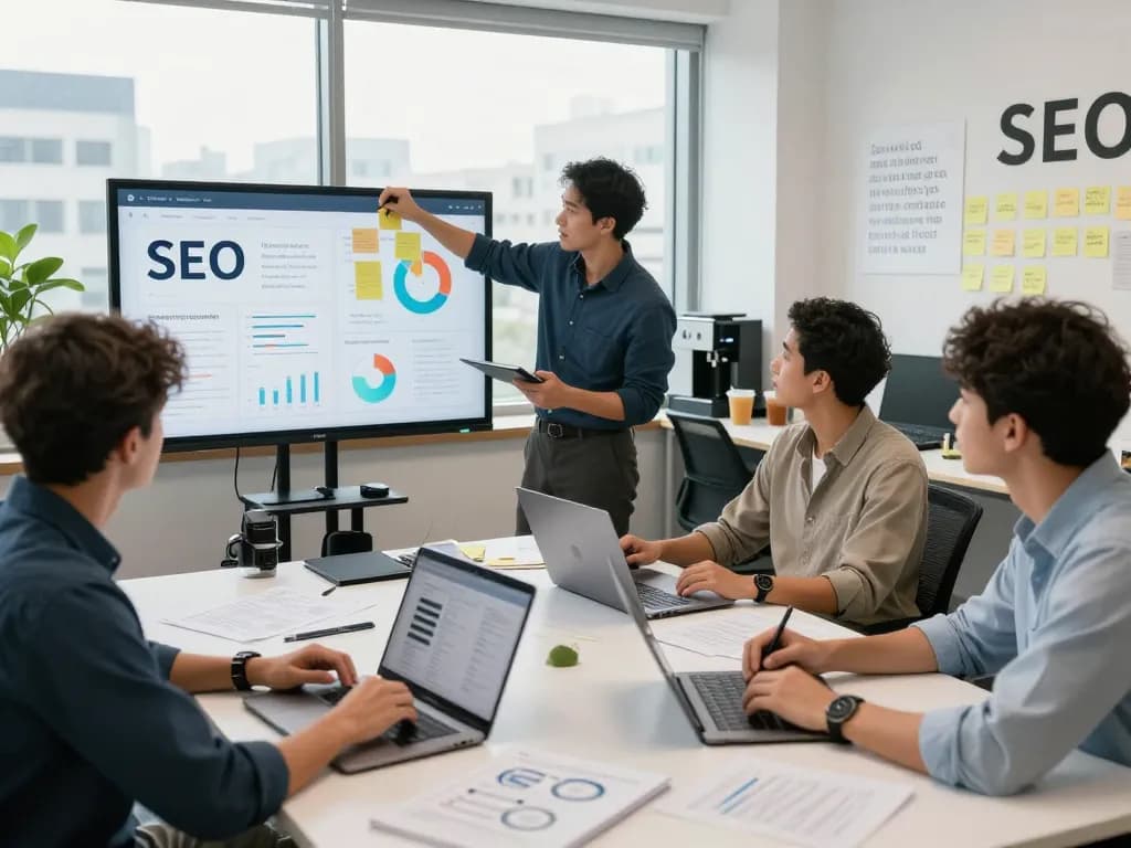 Team collaborating in a tech lab to find the best AI for SEO software amidst laptops and SEO analytics.