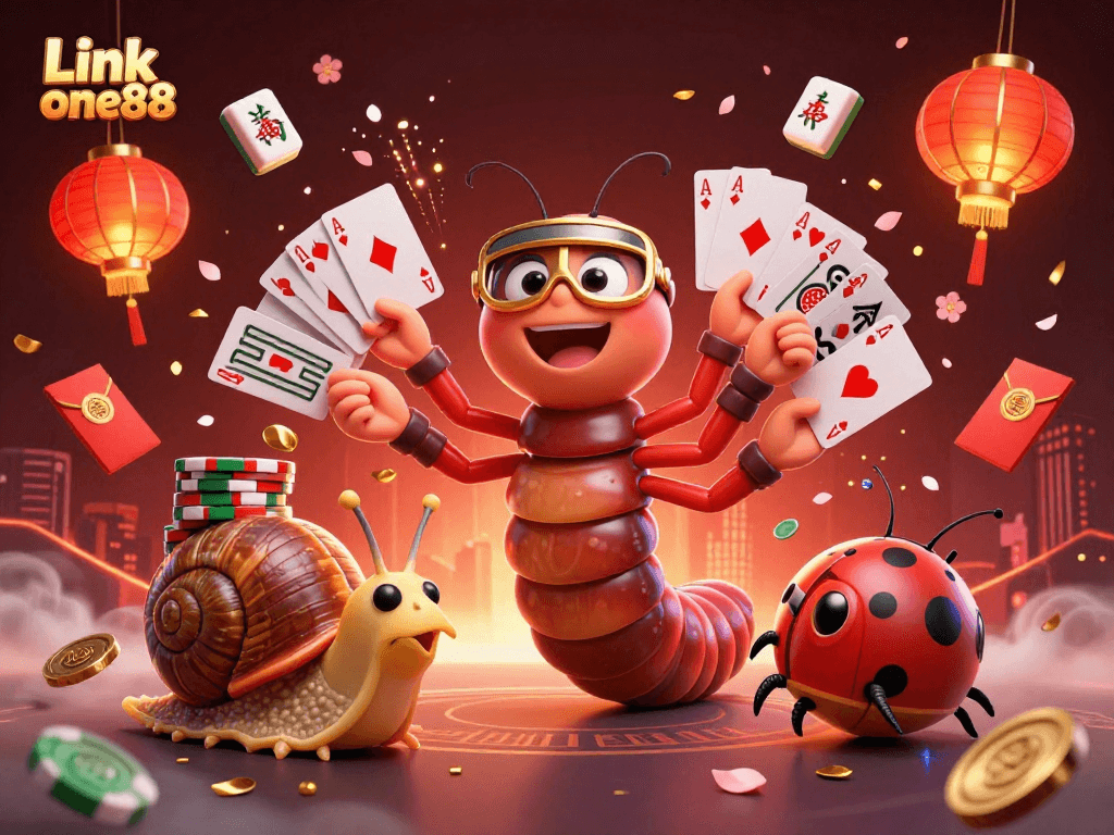 Experience excitement with Link one88 in this vibrant casino illustration featuring unique characters and game elements.