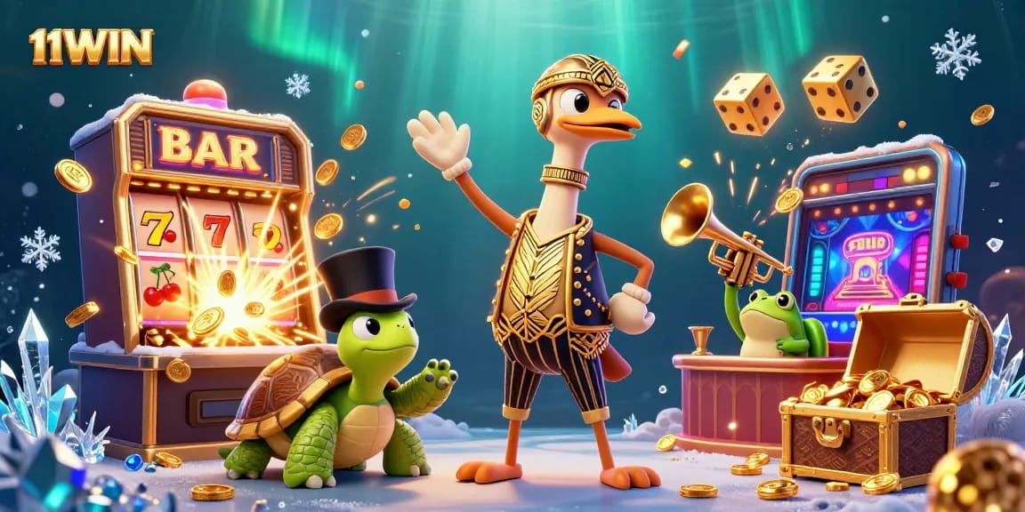Experience thrilling moments at 11WIN with a vibrant casino scene featuring animated characters and jackpot excitement.