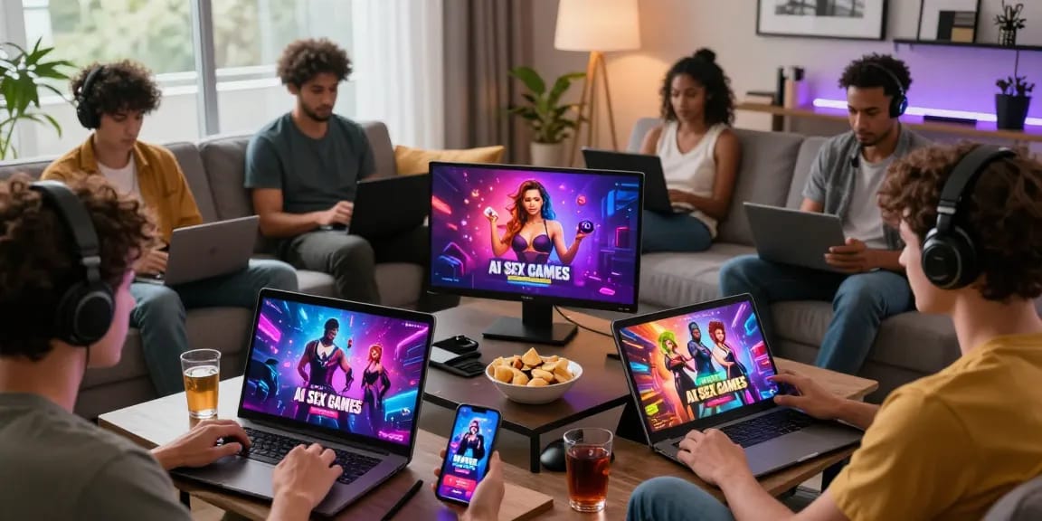 Engaged players enjoying a variety of free porn games in a cozy living room.