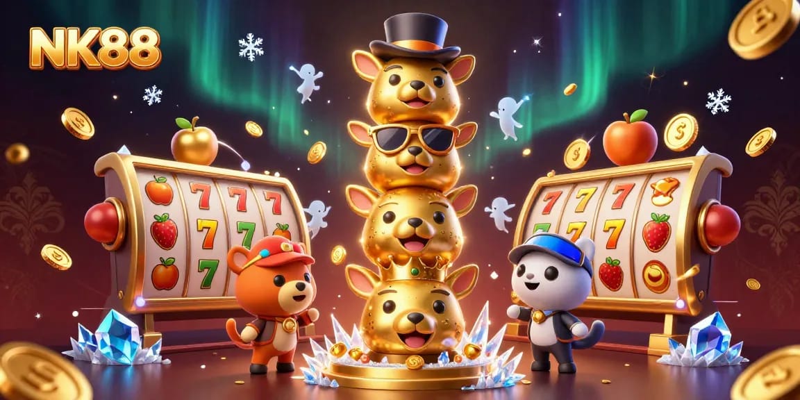 Win big with NK88's vibrant casino excitement featuring a golden totem pole amidst dynamic slot machines.