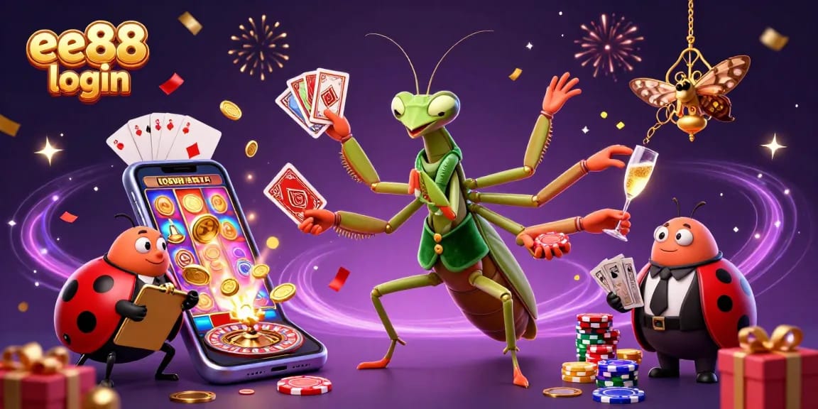 Experience the excitement of ee88 login with a vibrant casino scene featuring a giant praying mantis and ladybug characters.