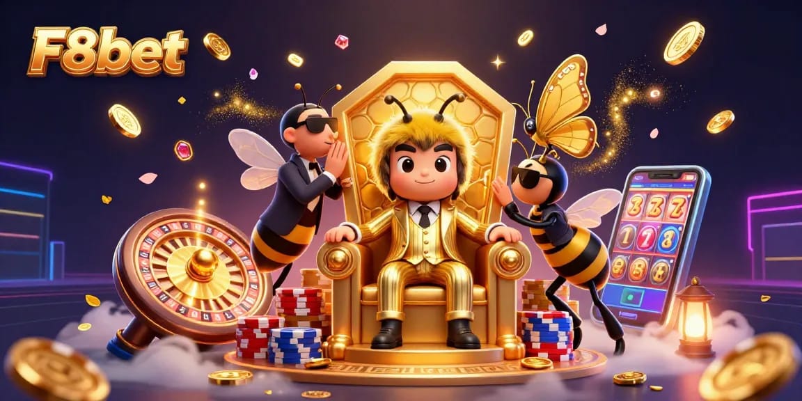 Experience the thrill of F8bet with dynamic casino elements and vibrant characters in a rich illustration.