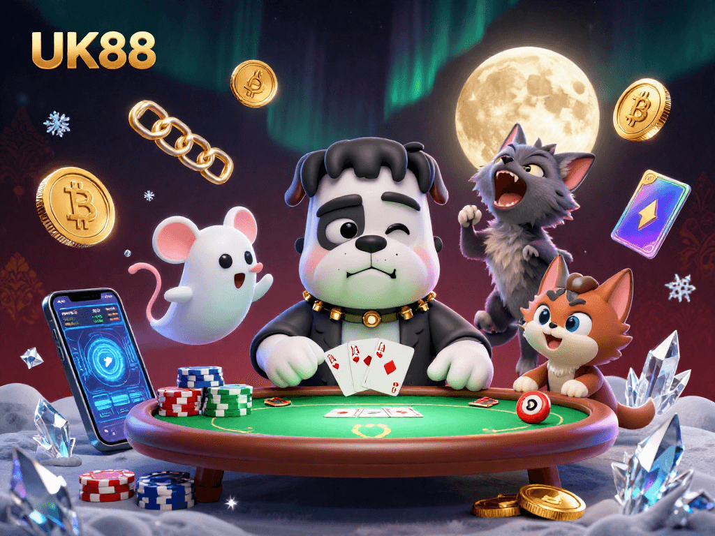 Engage with the thrilling UK88 poker scene featuring a bulldog dealer, ghost mouse, and werewolf kitten.
