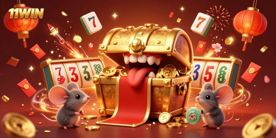 Experience excitement with the 11WIN treasure chest, surrounded by vibrant slot reels and festive elements.