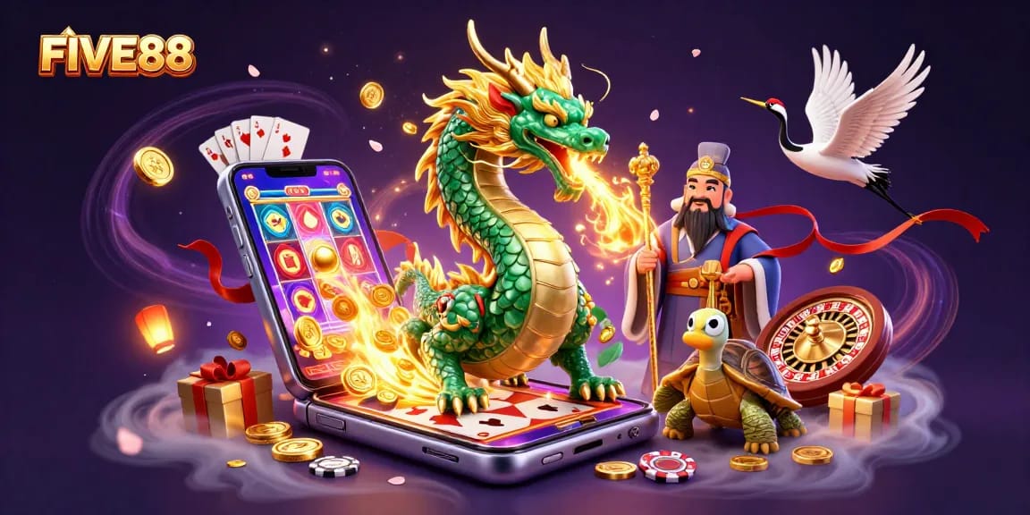 Engage with FIVE88 as a massive jade dragon breathes fire, surrounded by 3D gaming elements.