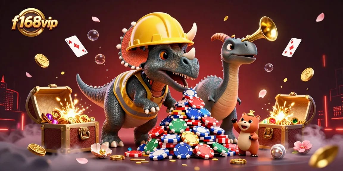 f168vip showcases a vibrant celebration of gambling, featuring a triceratops building poker chip towers.
