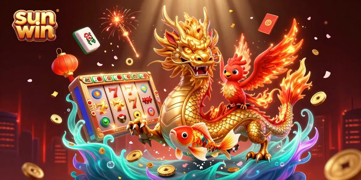 Engage in exciting gameplay with sun win, featuring a golden dragon, phoenix, and koi fish amidst dynamic slot game elements.
