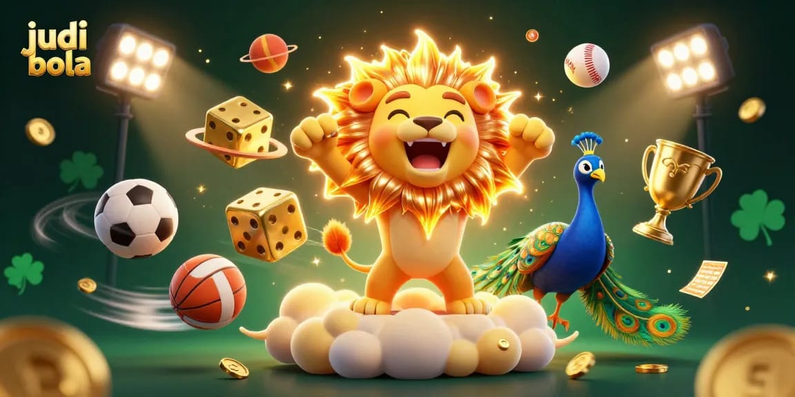Bet on judi bola with thrilling dynamics, featuring vibrant sports elements and a golden lion.