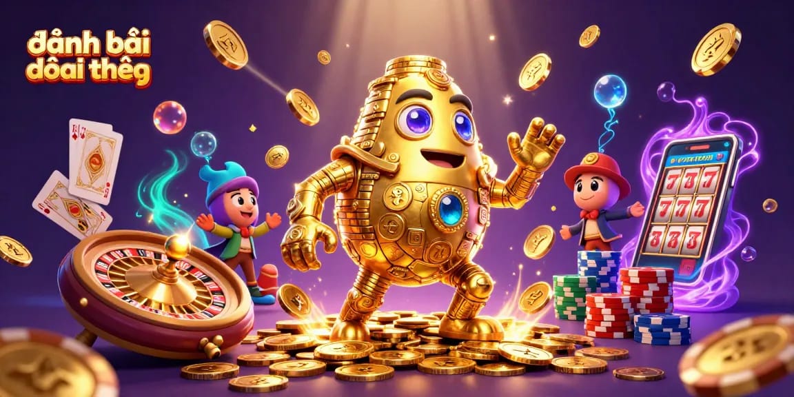 Participate in đánh bài đổi thưởng with a vibrant scene filled with golden golems, casino elements, and excitement.
