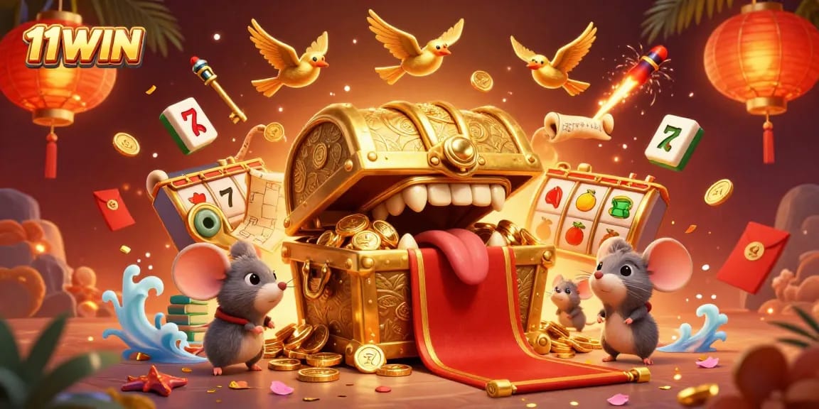 Experience the excitement of 11WIN with a vibrant 3D casino scene featuring adventurous mice and slot games.
