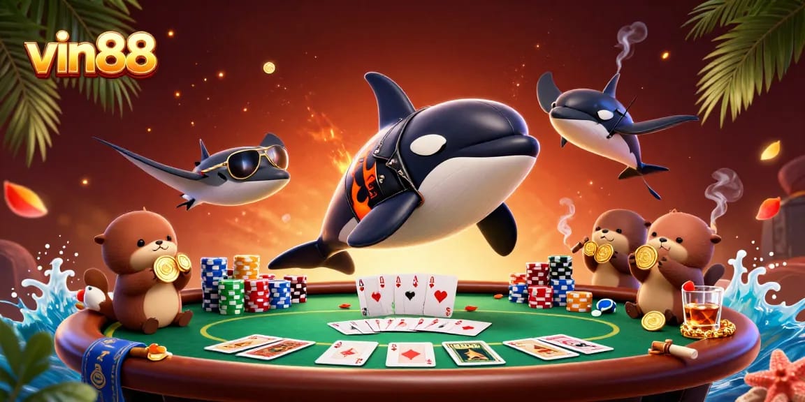 vin88 casino scene featuring an orca, stingray, and otters engaging in poker with vibrant elements
