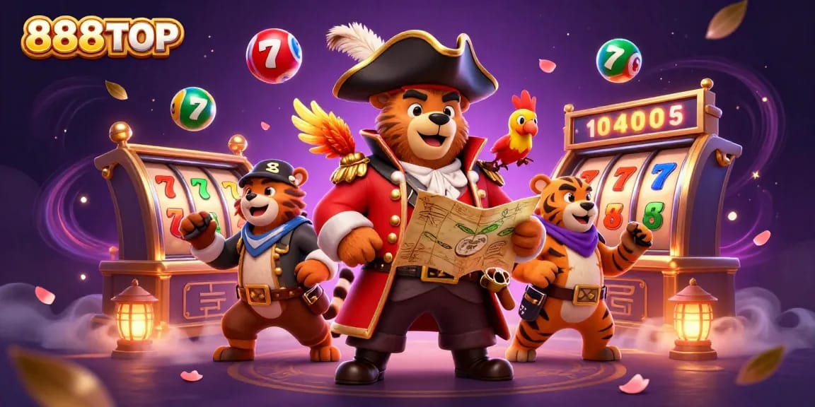 Win big at 888TOP with exciting slot games and a vibrant illustration of a pirate adventure.