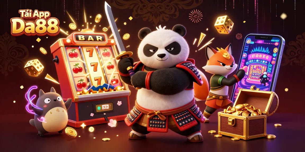 Play exciting games and win big with Tải App Da88, featuring engaging visuals of slot machines and energetic characters.