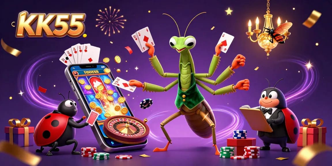 Engaging illustration of KK55 casino with vibrant characters, slot games, and festive casino elements.