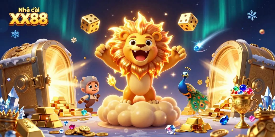 Engage with Nhà cái XX88's vibrant 3D illustration featuring dynamic casino elements and a roaring lion character.