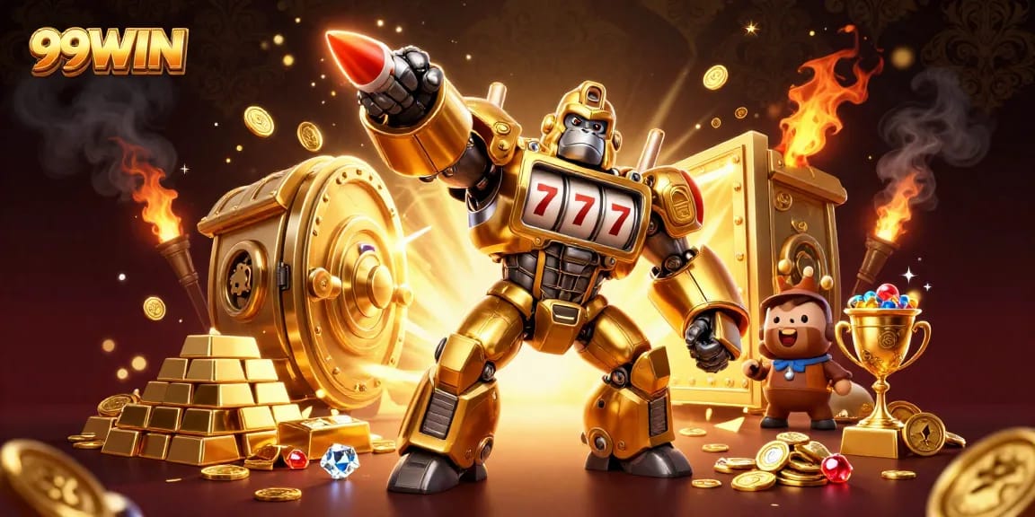 Spin the luck at 99WIN with the dynamic transformation of a golden gorilla mech!