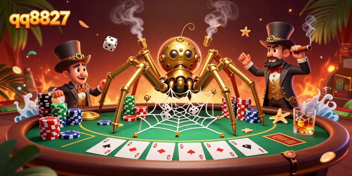 Engage with exciting gameplay at qq8827, featuring a whimsical steampunk spider and poker elements.