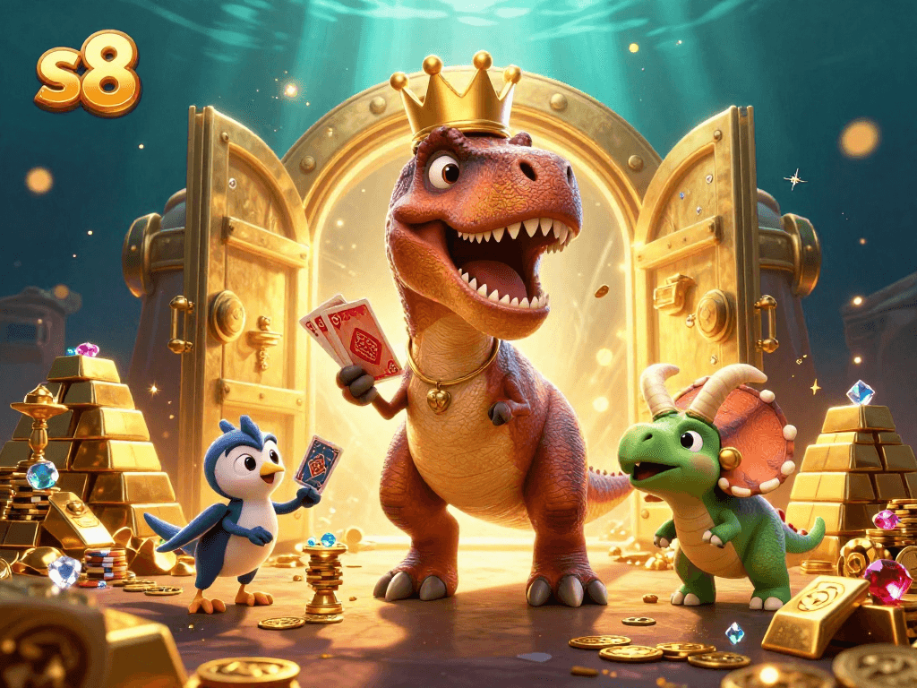 Engaging scene with the T-Rex shuffling cards at s8 casino, surrounded by treasures and gambling elements.