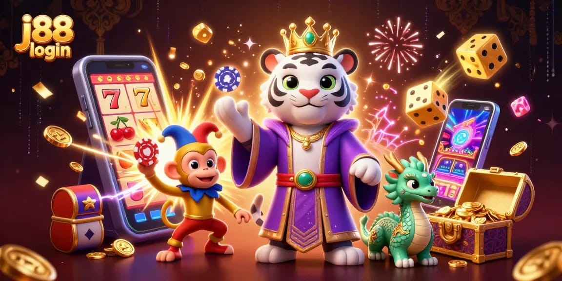 Engage with the j88 login platform as a spirited white tiger and playful monkey present a vivid casino world.