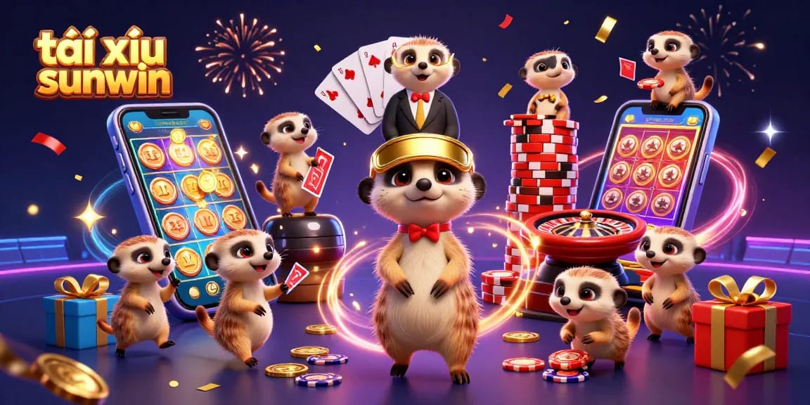 Engage with tài xỉu sunwin in a vibrant casino scene led by meerkats, showcasing thrilling gameplay.