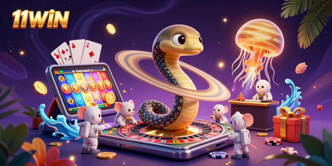 11WIN showcases a vibrant 3D cosmic casino scene with a Saturn snake and astronaut mice betting.