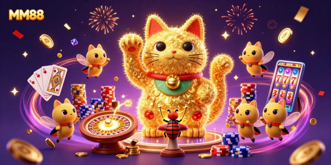 Experience the excitement of MM88 with vibrant casino symbols and a magic-filled scene.