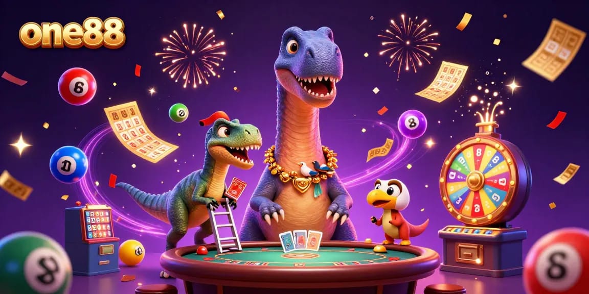 one88 features a whimsical casino scene with a giant dinosaur and lottery balls raining down.