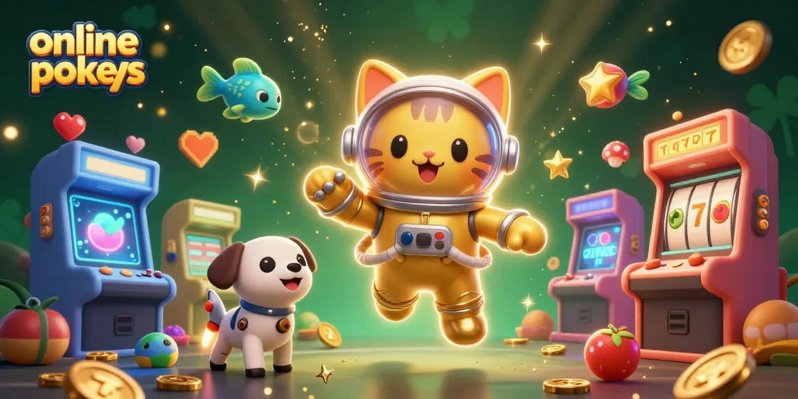 Engage with online pokies, featuring a dynamic cat astronaut, robot dog, and vibrant game elements.