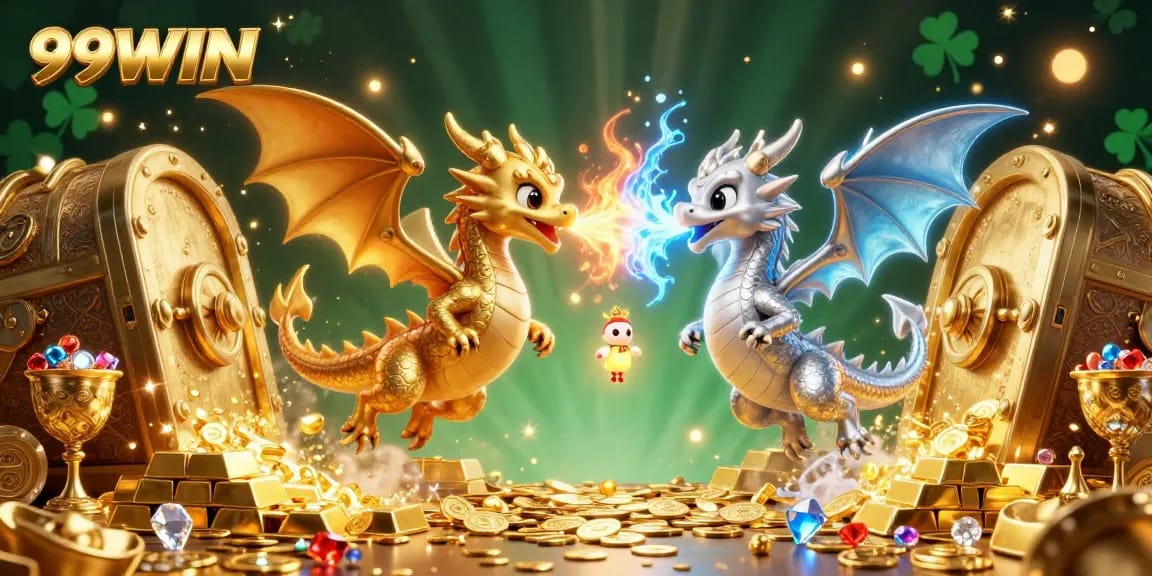 Experience the thrilling ambiance of 99WIN with twin dragons and sparkling treasures illuminating your gaming adventure.