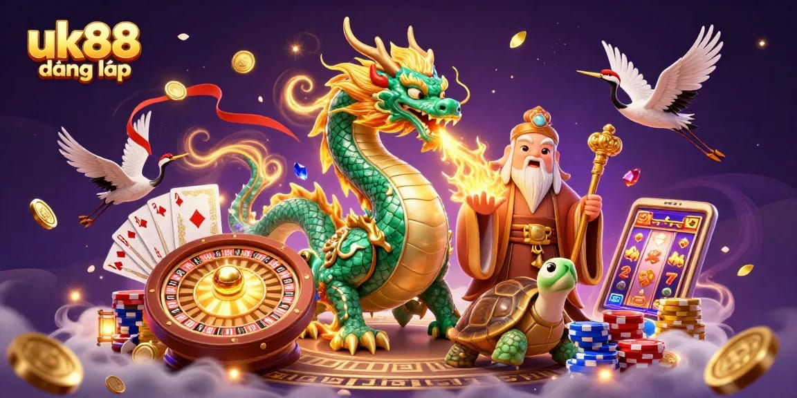 Experience immersive uk88 đăng nhập with a dynamic illustration showcasing gaming excitement and luck.
