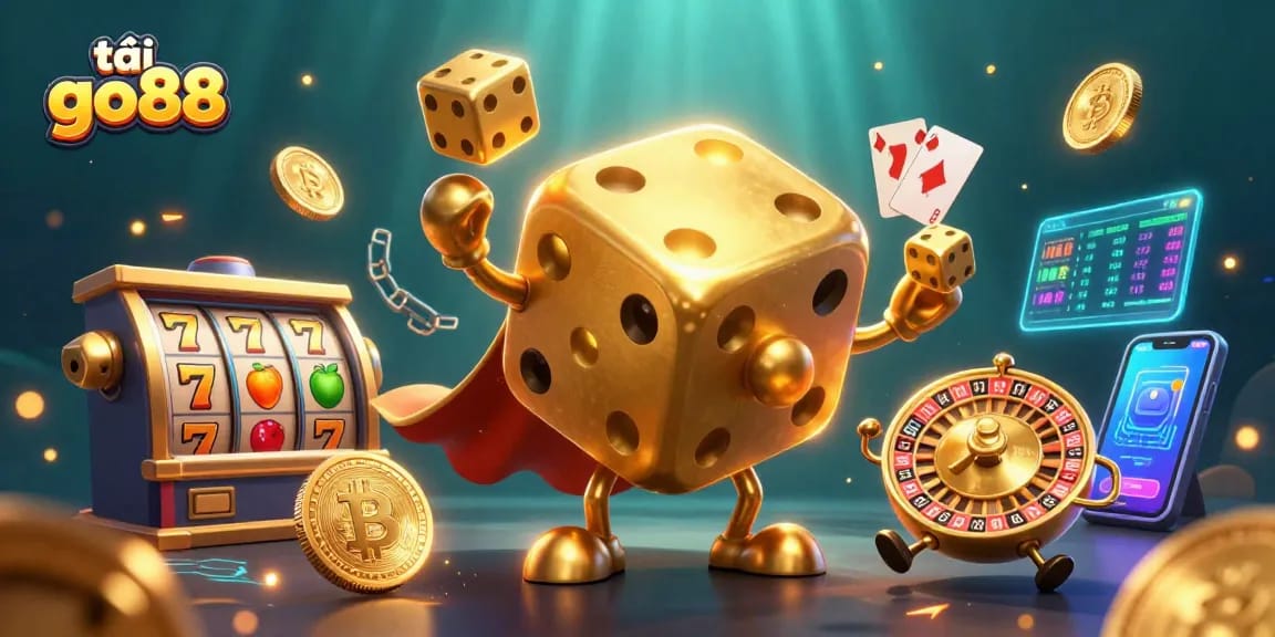 Engage in exciting gameplay with tải go88's vibrant casino illustration showcasing dynamic slot reels and crypto elements.