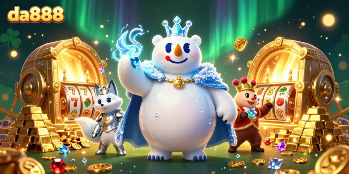Experience the excitement of da888 with a vibrant 3D illustration showcasing a royal polar bear in a casino environment.
