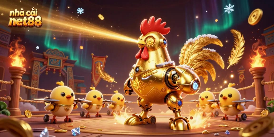 Experience excitement with nhà cái net88 in a vibrant casino illustration featuring a golden rooster robot.
