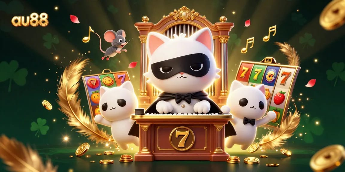 Experience the excitement of au88 with a lively casino scene featuring a whimsical cat and acrobat.
