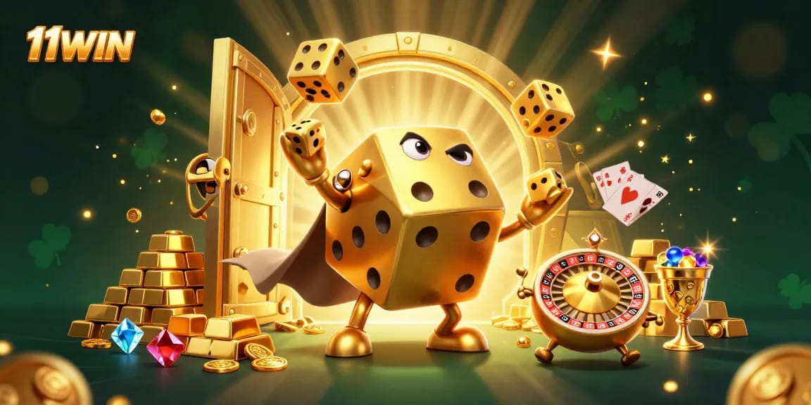 Experience vibrant casino excitement with 11WIN's golden dice golem and treasures.