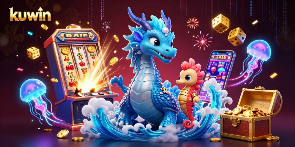 Experience thrilling jackpots at kuwin with a vibrant 3D casino illustration featuring dynamic game elements.