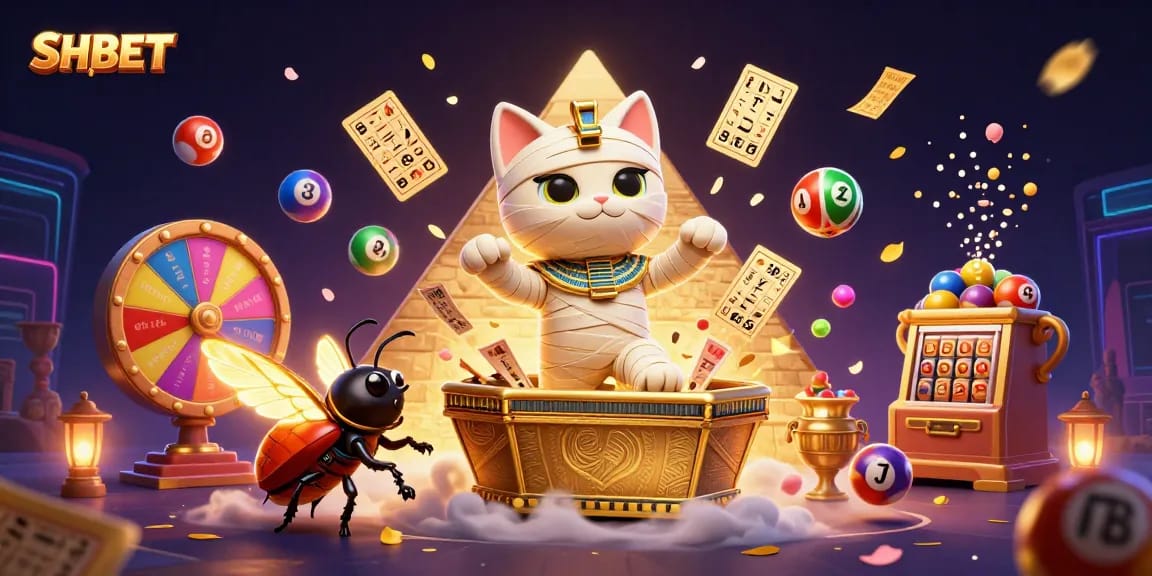 Experience thrilling wins at SHBET with a lively Egyptian mummy cat, as ancient symbols and lottery elements come alive in a stunning casino.