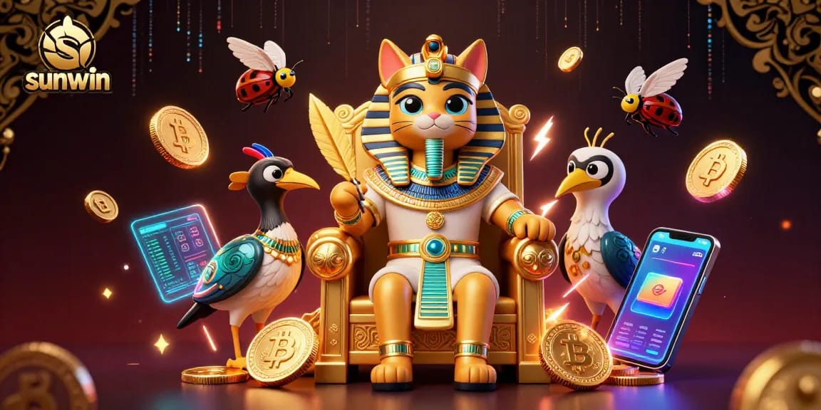 Experience thrilling play at sunwin with a dynamic 3D Egyptian casino scene featuring crypto elements.