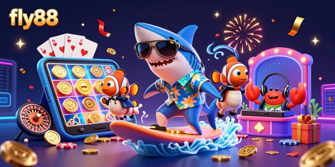 Experience the thrill of fly88 with a vibrant 3D casino scene full of animated characters and slot games.