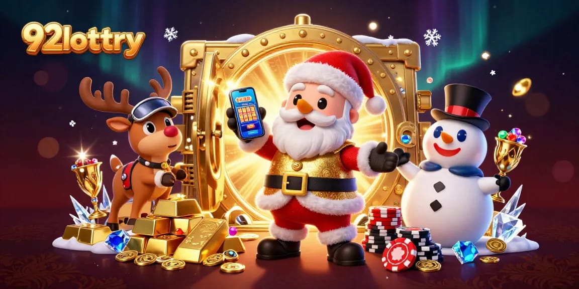 Experience the thrill of 92lottery with dynamic jackpot slots and festive casino characters!