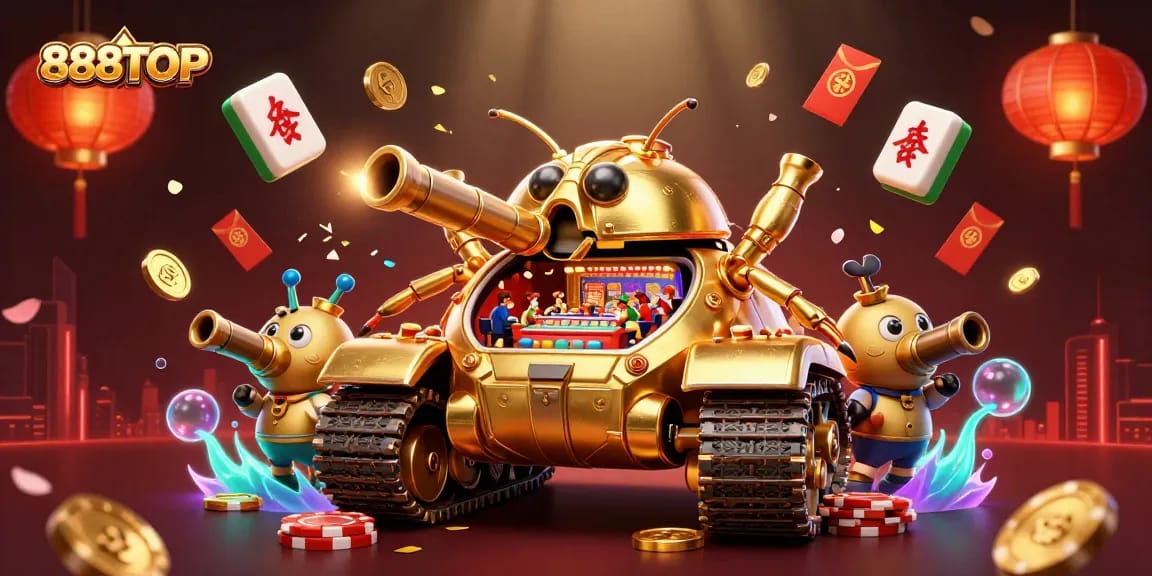 Experience thrilling gaming at 888TOP, featuring a unique 3D casino scene with festive casino elements.