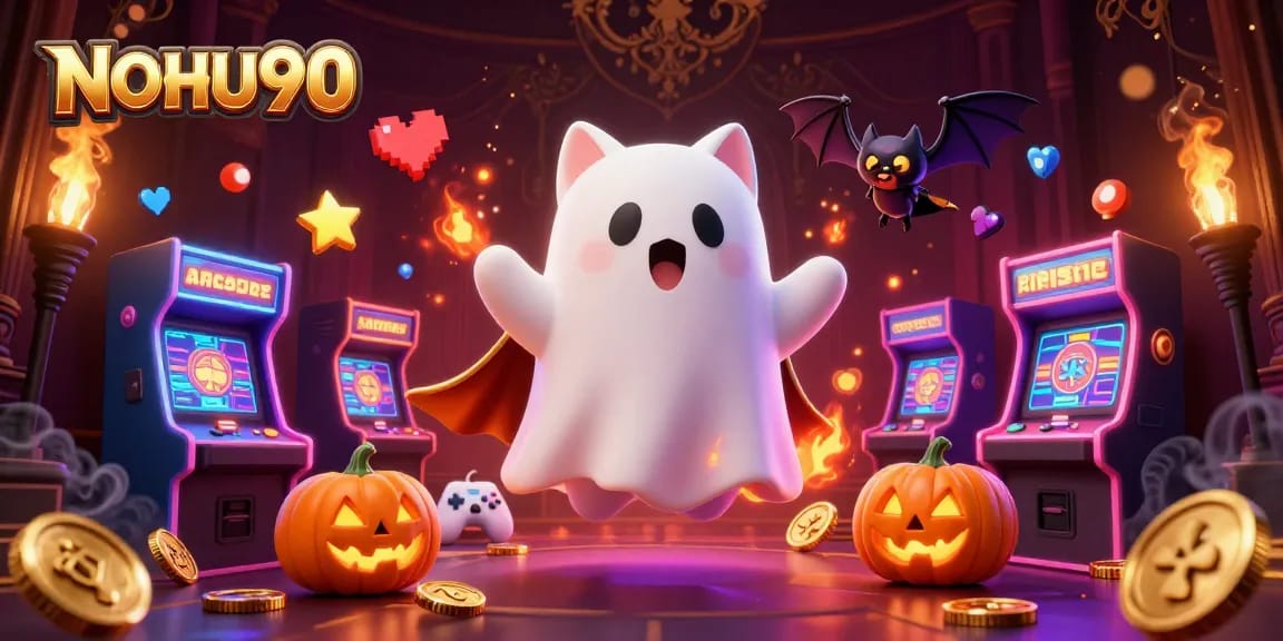 Experience the excitement of NOHU90 with the ghost cat and vampire bat in a haunted casino scene.