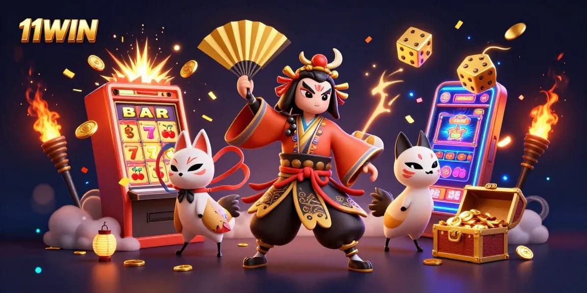 Experience jackpot excitement with 11WIN's vibrant 3D casino illustration featuring immersive characters and game elements.